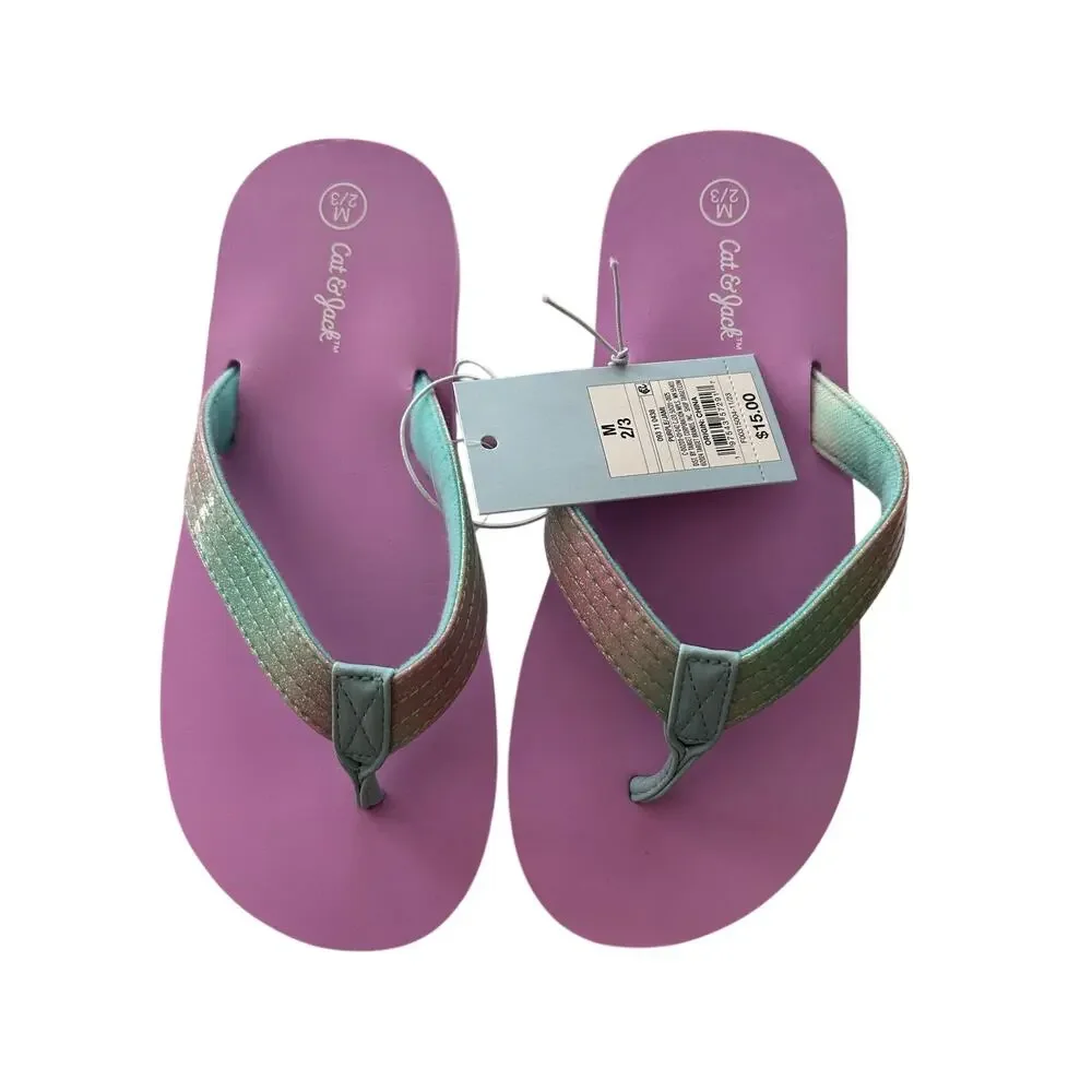 New Girls Cat & Jack Pink Blue Glittery Flip-flops size Medium 2/3